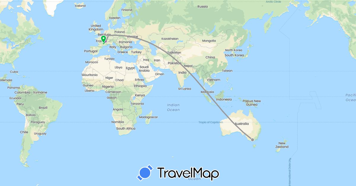 TravelMap itinerary: driving, bus, plane, train in Australia, Switzerland, Germany, France, Singapore (Asia, Europe, Oceania)